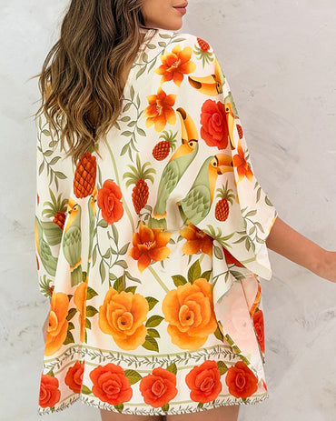 Tropical Floral & Animal Print Open Front Half Sleeve Cover-up Casual Hollow-out Back Loose Fit Cardigan