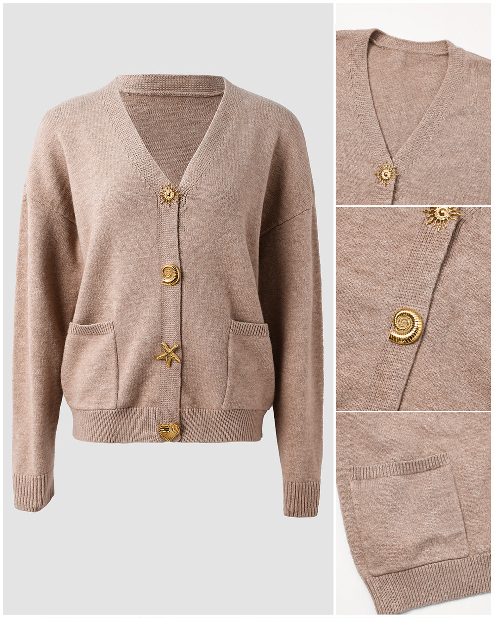 CHICMELIVE Women's V Neck Knit Cardigan Gold Button Sweater Top with Pockets