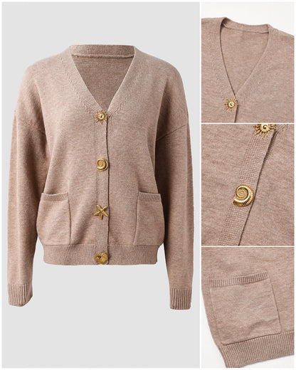 CHICMELIVE Women's V Neck Knit Cardigan Gold Button Sweater Top with Pockets