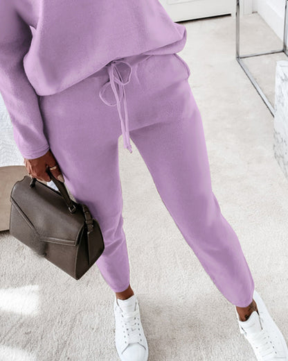 2 Pieces Outfit Long Sleeve Skew Neck Pullover Top and Drawstring Elastic Waist Slim Fit Pants Set