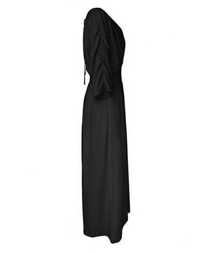 Deep V-Neck Ruched Three Quarters Sleeve Backless Overalls Casual Waist-Gathered Tied Detail Jumpsuit without Belt
