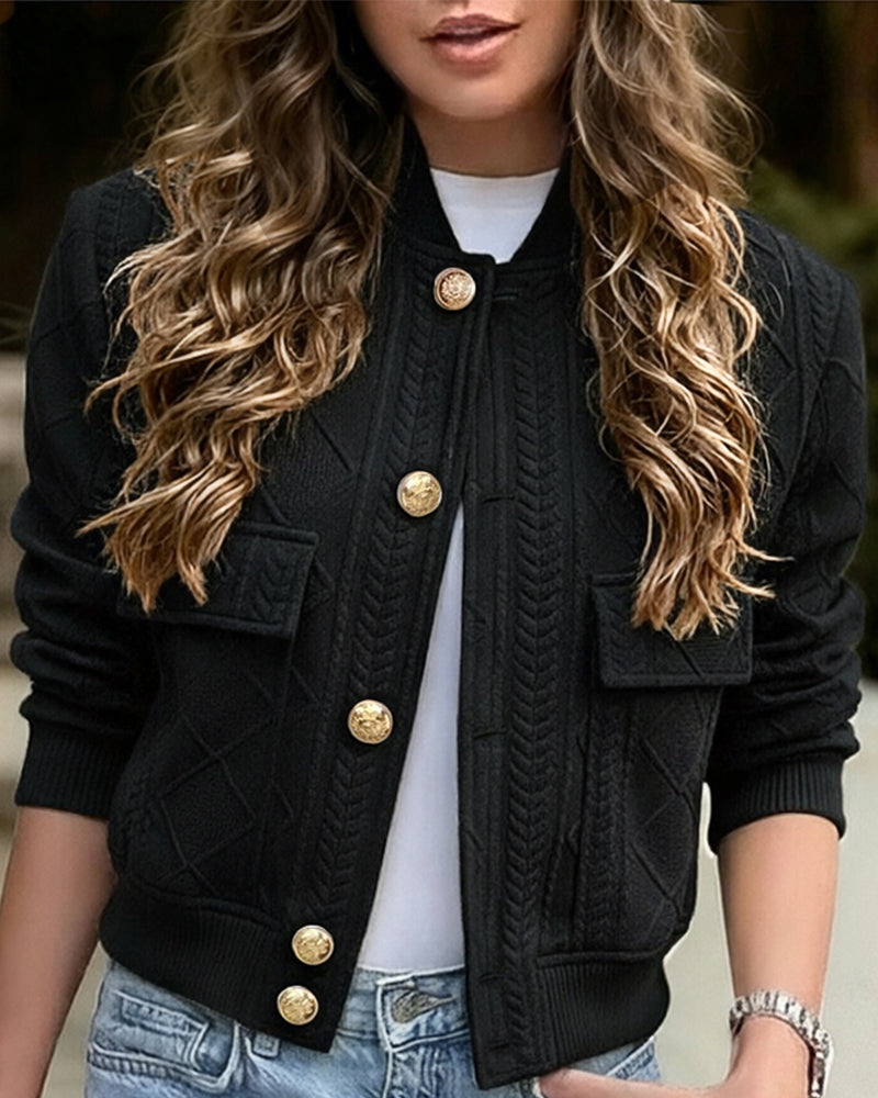 Women's Vintage Argyle Cable Knit Bomber Jacket Elegant Baseball Collar Button Down Cropped Coat with Flap Pockets