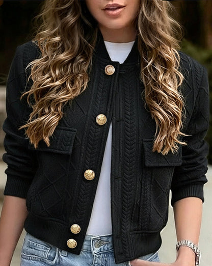 Women's Vintage Argyle Cable Knit Bomber Jacket Elegant Baseball Collar Button Down Cropped Coat with Flap Pockets