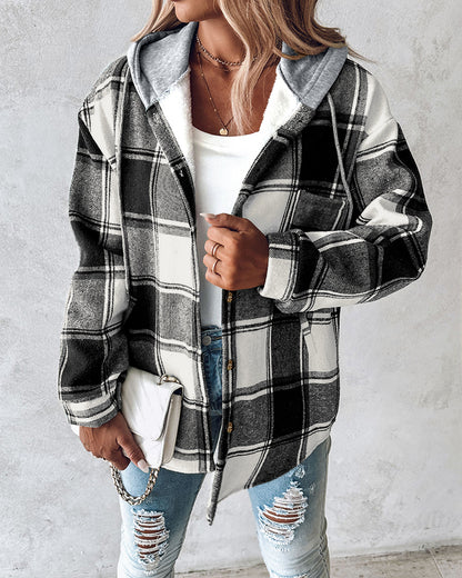 CHICMELIVE Womens Casual Jacket Plaid Hooded Fleece Lined Shacket