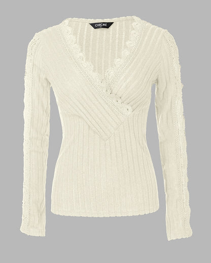 Overlap V-Neck Lace Trim Hollow-out Long Sleeve Tee Slim Fit Ribbed Layering Top