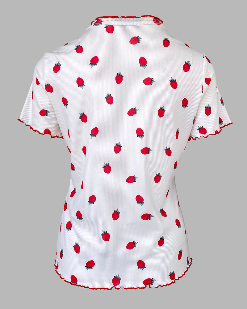 2 Pieces Outfit Strawberry Print Stand Collar Short Sleeve T-shirt and Pants Pajamas Set