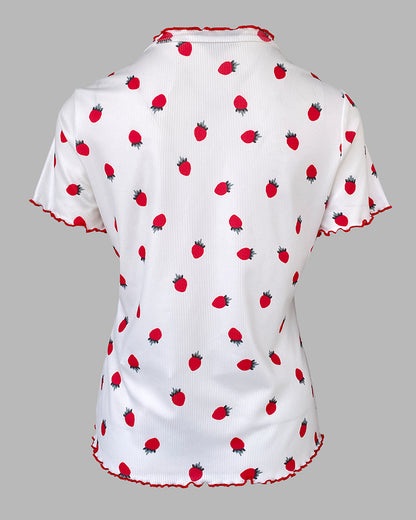 2 Pieces Outfit Strawberry Print Stand Collar Short Sleeve T-shirt and Pants Pajamas Set