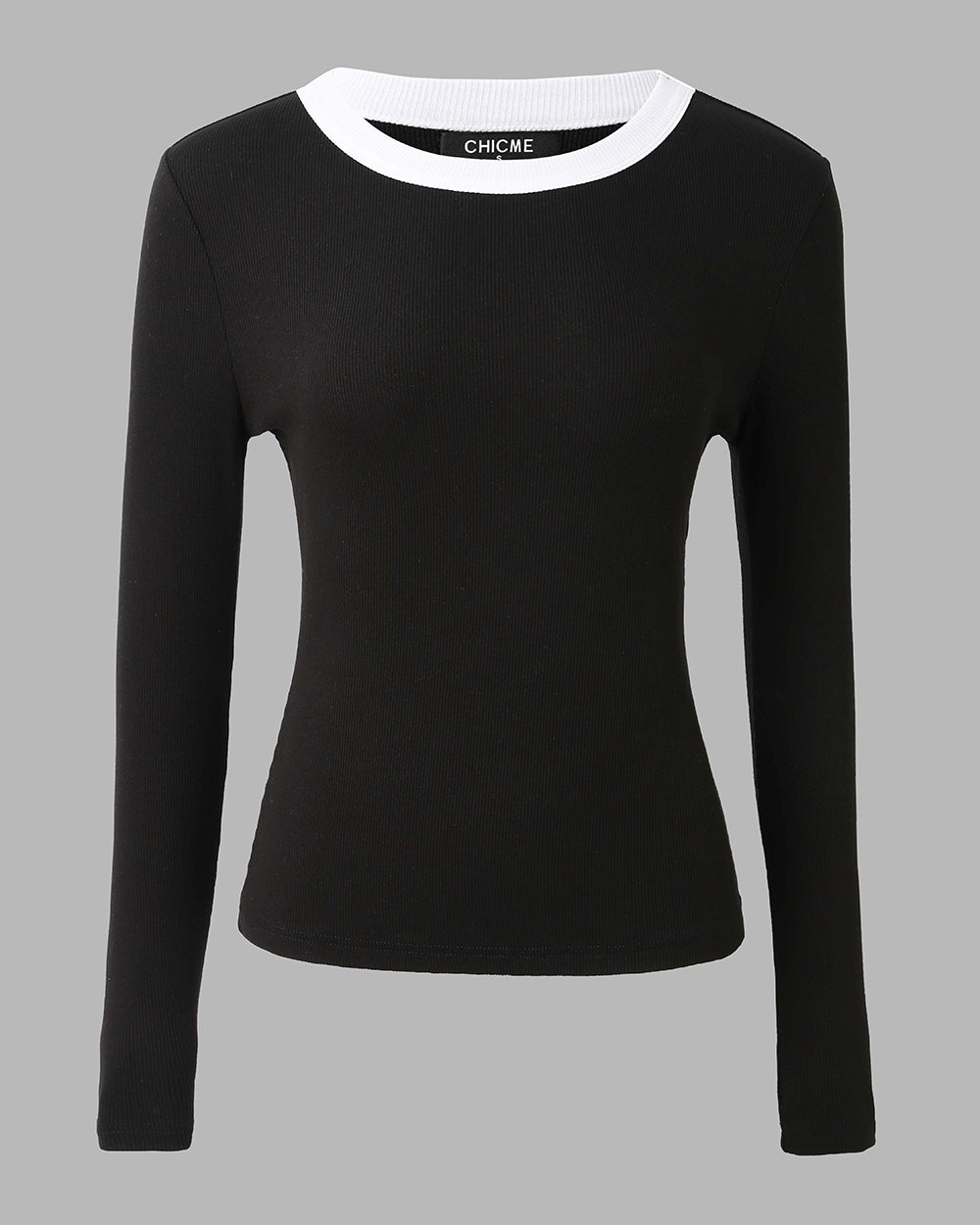 CHICMELIVE Women's Ribbed Long Sleeve Shirts Contrast Crewneck Fitted Basic Tee