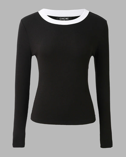 CHICMELIVE Women's Ribbed Long Sleeve Shirts Contrast Crewneck Fitted Basic Tee