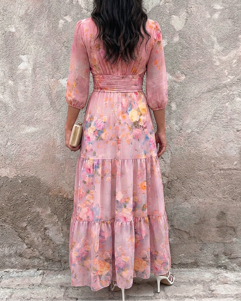 ChicMeLive Women's Watercolor Floral V-Neck Shirred High Waist Maxi Dress Three Quarters Lantern Sleeve A-Line Ruffle Hem Chiffon Vacation Dress