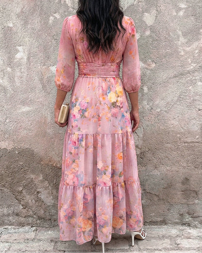 ChicMeLive Women's Watercolor Floral V-Neck Shirred High Waist Maxi Dress Three Quarters Lantern Sleeve A-Line Ruffle Hem Chiffon Vacation Dress