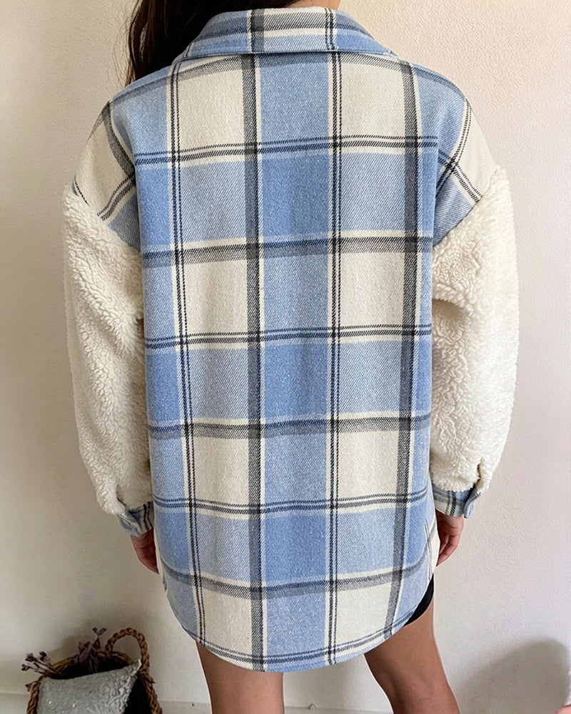 CHICMELIVE Women's Fleece Jacket Plaid Patchwork Sherpa Shacket