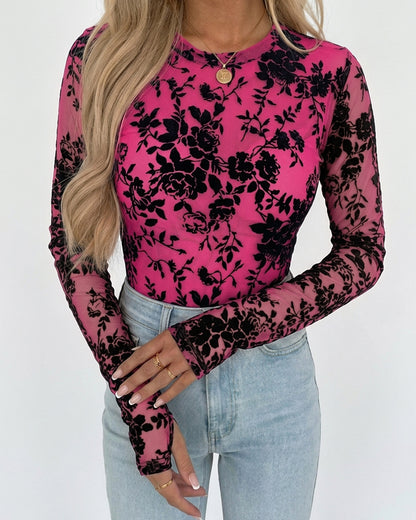 CHICME Women's Flocked Floral Sheer Mesh Long Sleeve Top with Lined