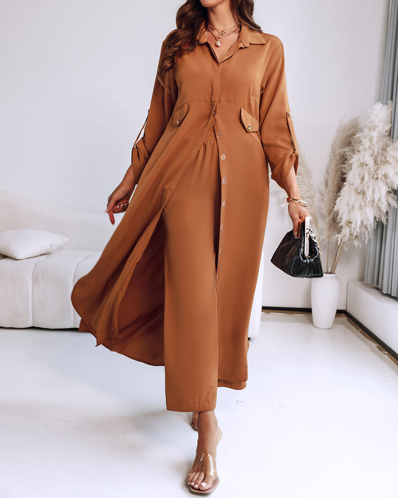 2 Pieces Outfit Turn-down Collar Turn-Up Sleeves Button Front Asymmetrical Hem Longline Blouse and Casual Elastic Waist Wide Leg Pants Set