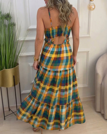 Women's Colorblock Plaid Hollow-out Maxi Dress V Neck Backless Ruffle Cami Dress Casual Shirred Beach Sundress