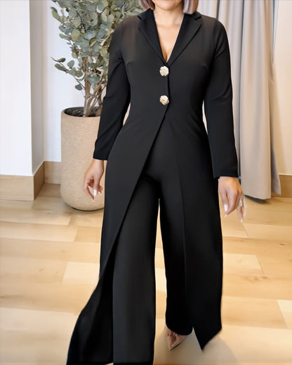 Notched Collar Long Sleeve Button Front Jumpsuit Casual Cinched Waist Wide Leg Faux Two-Piece Jumpsuit