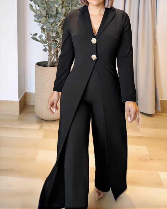 Notched Collar Long Sleeve Button Front Jumpsuit Casual Cinched Waist Wide Leg Faux Two-Piece Jumpsuit