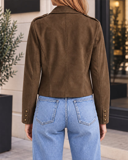 Womens Vintage Cropped Faux Suede Jacket Zip Up Shackets Coat
