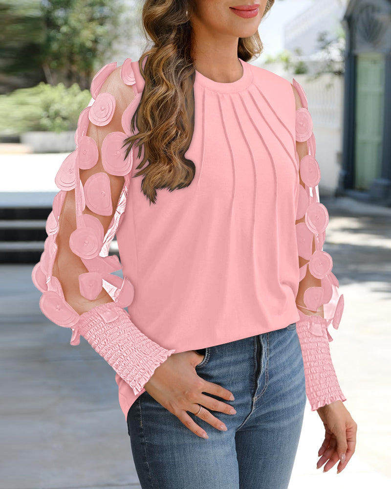 3D Polka Dot Appliques Mesh Long Sleeve Blouse Casual Shirred Cuffs Seam Front Top
