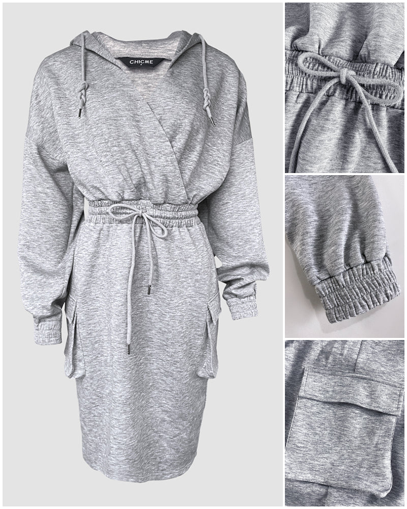 Overlap V-Neck Drop Shoulder Cinched Waist Drawstring Hoodie Dress Casual Flap Cargo Pockets Design Drawstring Elastic Waist Midi Dress