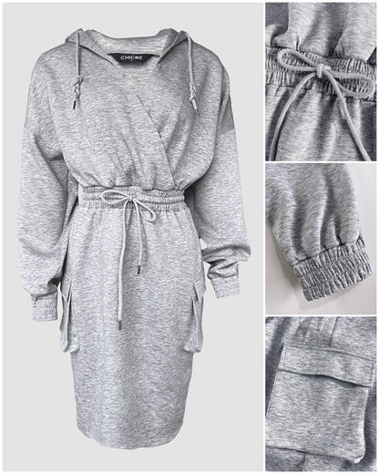 Overlap V-Neck Drop Shoulder Cinched Waist Drawstring Hoodie Dress Casual Flap Cargo Pockets Design Drawstring Elastic Waist Midi Dress