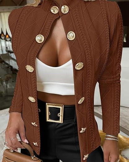 CHICMELIVE Women's Argyle Cable Knit Cropped Jacket Casual Stand Collar Coat