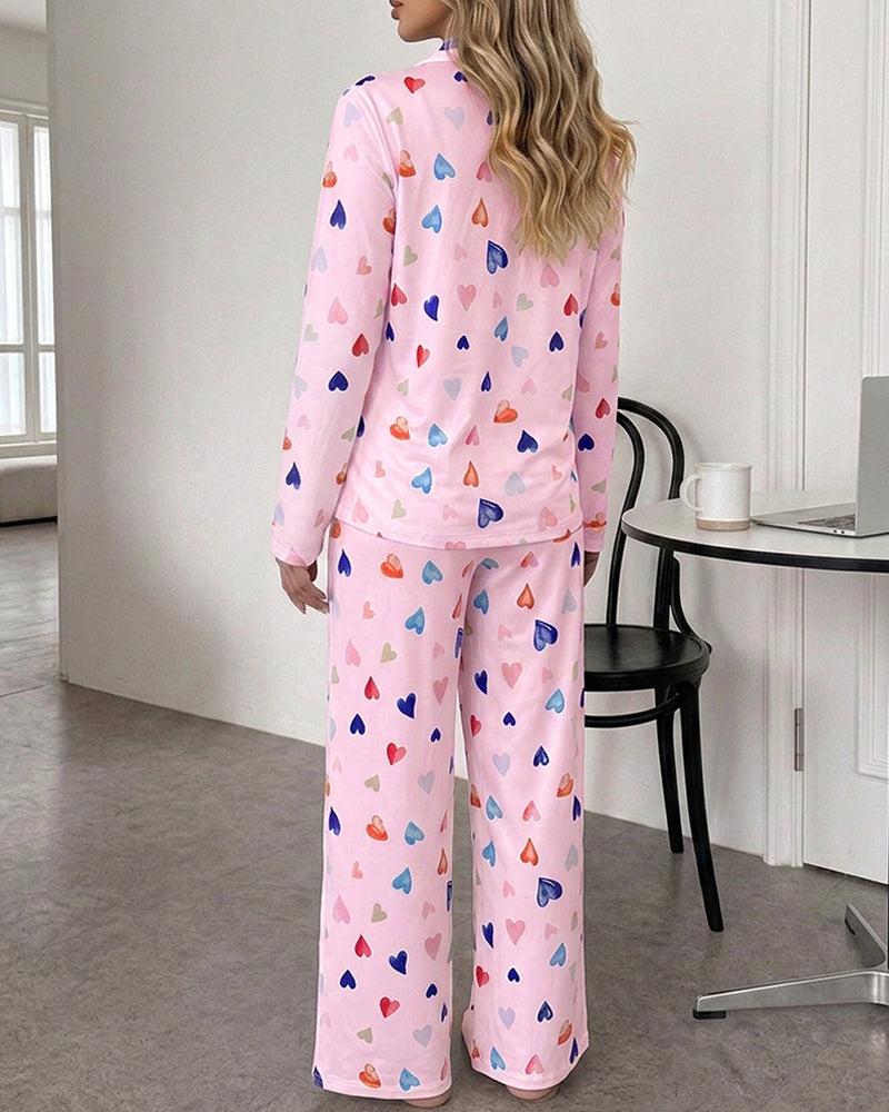 Women's Colorful Heart Print 2 Piece Pajama Set Long Sleeve Button Down Top and High Waisted Pants Casual Lounge Sets