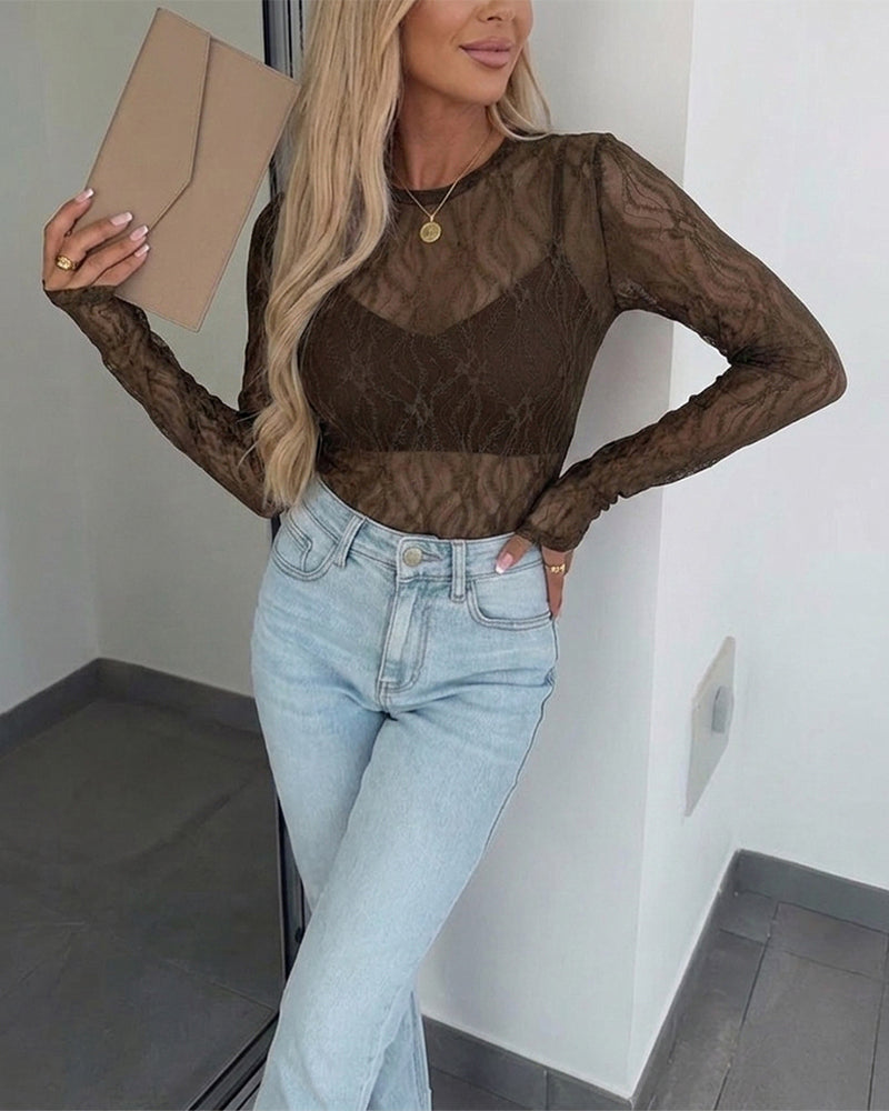 CHICMELIVE Lace Top Sheer Mesh Fitted Shirts for Women with Thumb Holes