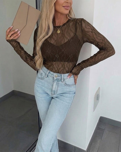 CHICMELIVE Lace Top Sheer Mesh Fitted Shirts for Women with Thumb Holes
