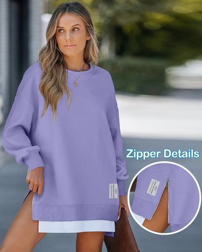 Letter Patch Detail Long Sleeve Drop Shoulder Pullover Sweatshirt Casual Zipper Side Slit Top