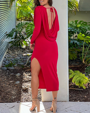 Backless Cowl Neck Long Sleeve Slit Dress Casual Back Lace Up Slim Fit Party Dress