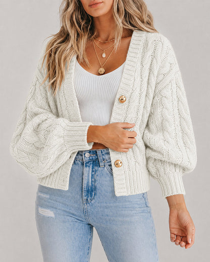 Women's Cable Knit Cardigan V Neck Button Down Chunky Knit Sweater Loose Lantern Sleeve Warm Outerwear