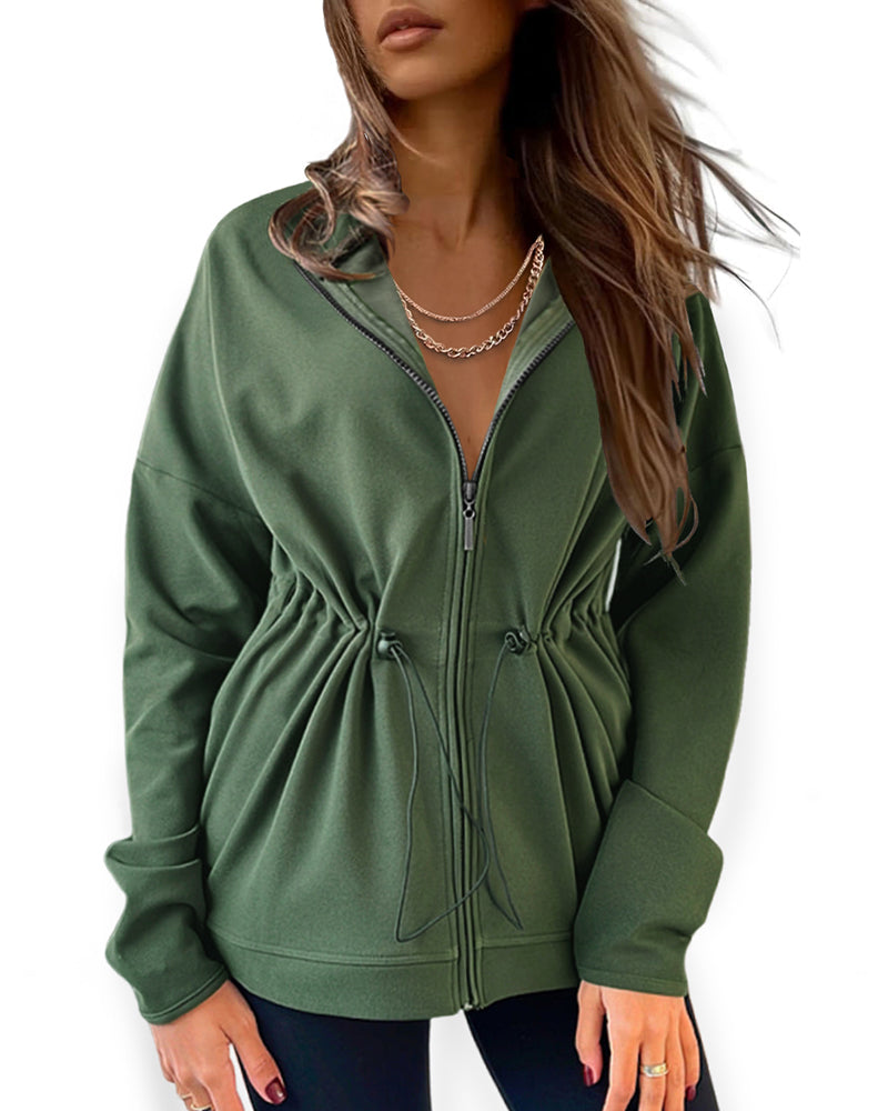 Long Sleeve Waist Drawstring Hooded Coat Casual Loose Fit Cardigan Jacket with Pockets