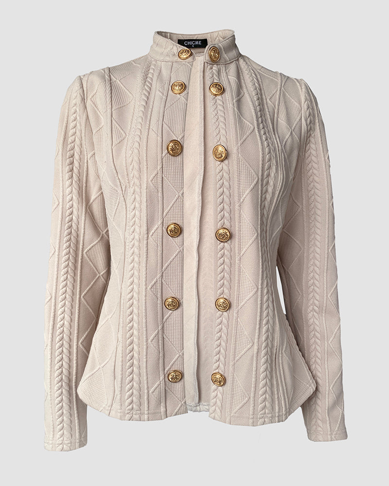 Metal Double Breasted Decor Stand Collar Argyle & Cable Textured Coat