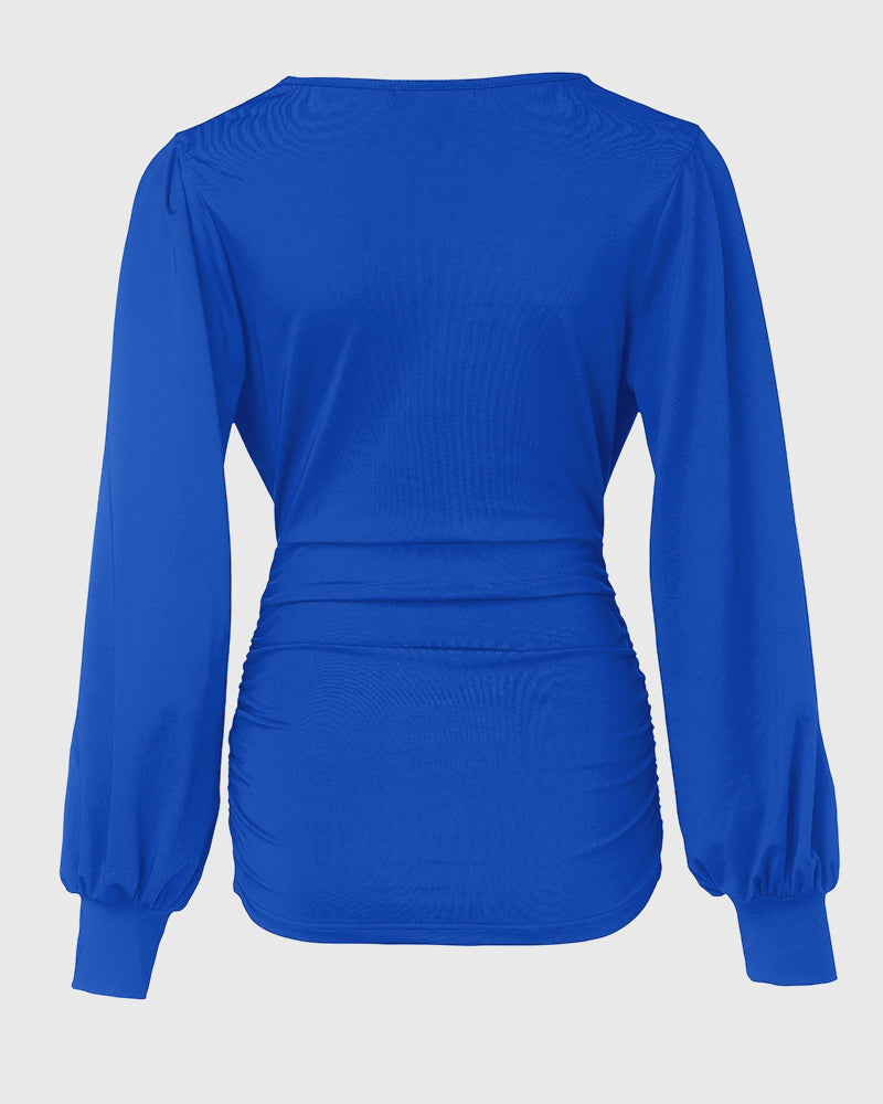 Deep V-Neck Lantern Sleeve Ruched Blouse Casual Slim Fit Top