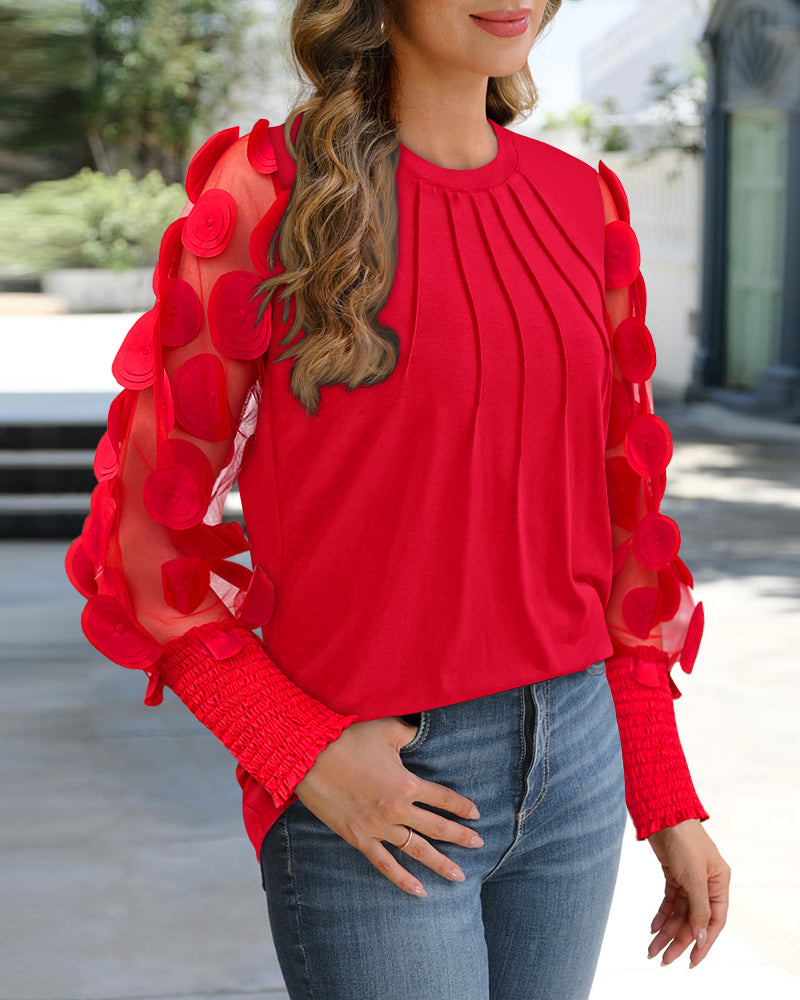 3D Polka Dot Appliques Mesh Long Sleeve Blouse Casual Shirred Cuffs Seam Front Top