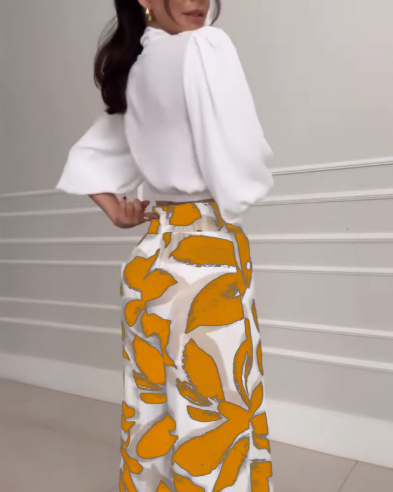2 Pieces Outfit Wrap Plunge V Neck Crop Blouse and Casual Floral Print Wide Leg Pants Set