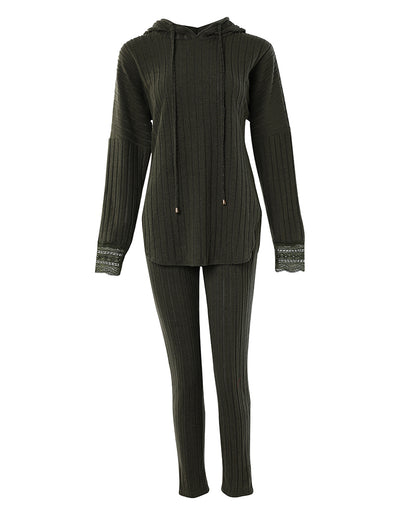 2 Pieces Outfit Drop Shoulder Lace Cuffs Asymmetrical Hem Drawstring Hoodie Top and Elastic Waist Slim Fit Pants Set Casual Brushed Ribbed Set