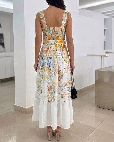Women's Floral Maxi Dress Square Neck Sleeveless Ruffle Hem Sundress Backless Shirred Summer Vacation Dress with Belt