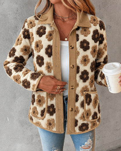 CHICMELIVE Women's Soft Floral Sherpa Jacket Corduroy Button Down Coat
