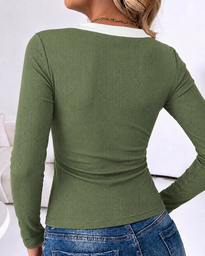 CHICMELIVE Women's Ribbed Long Sleeve Shirts Contrast Crewneck Fitted Basic Tee