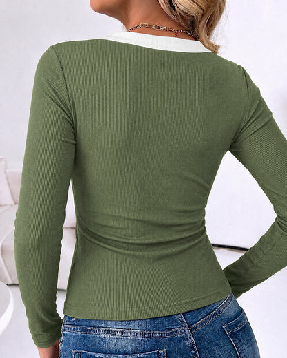 CHICMELIVE Women's Ribbed Long Sleeve Shirts Contrast Crewneck Fitted Basic Tee