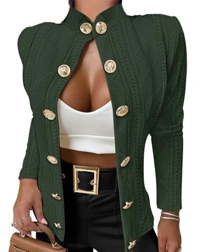 CHICMELIVE Women's Argyle Cable Knit Cropped Jacket Casual Stand Collar Coat