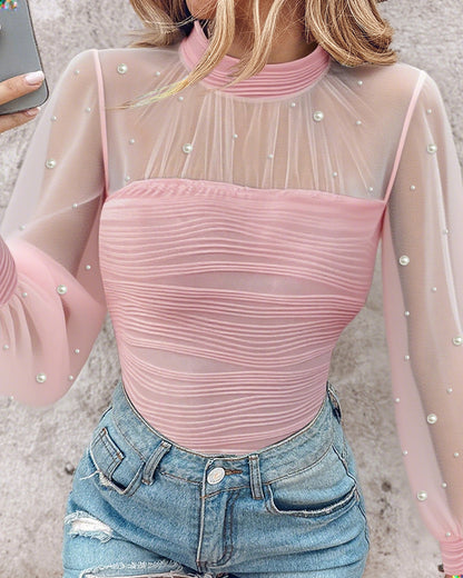 Pearls Decor High Neck Sheer Mesh Spliced Ruched Tee Hollow-out Back Slim Fit Textured Top