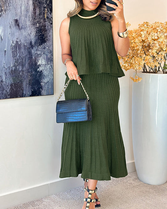 2 Pieces Outfit Sleeveless Loose A Line Pleated Knit Tank and High Waist Midi Fishtail Skirt Set