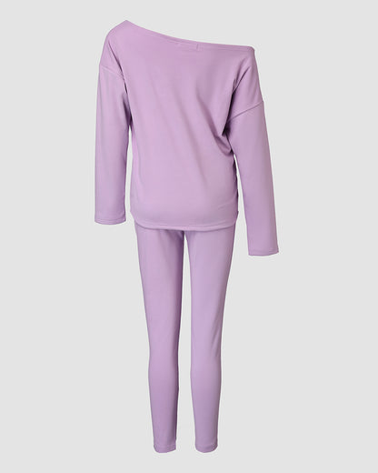 2 Pieces Outfit Long Sleeve Skew Neck Pullover Top and Drawstring Elastic Waist Slim Fit Pants Set