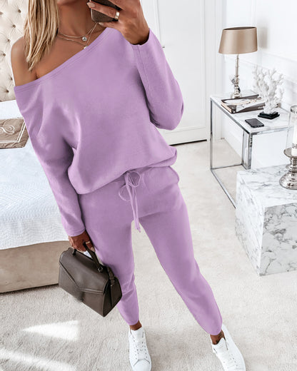 2 Pieces Outfit Long Sleeve Skew Neck Pullover Top and Drawstring Elastic Waist Slim Fit Pants Set