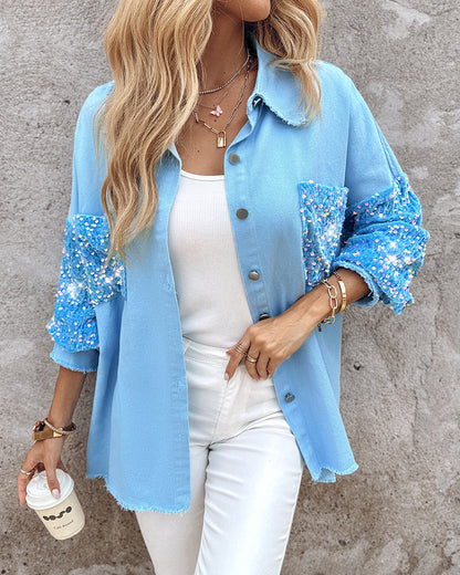 Casual Jacket Sequin Patchwork Long Sleeve Jacket Top Button Front Raw Hem Oversized Denim Shacket
