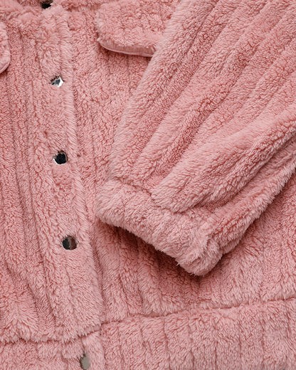 Textured Striped Turn-down Collar Button Front Elastic Cuff and Hem Teddy Fleece Jacket With Decorative Flap Pockets