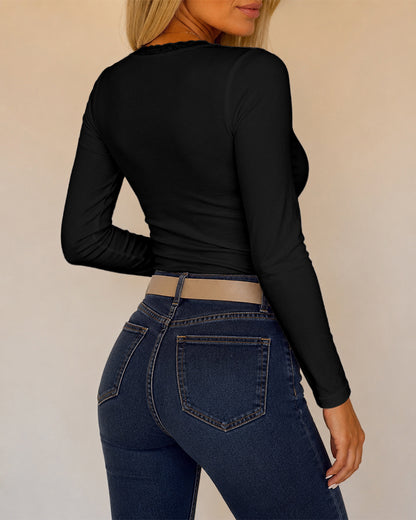 CHICMELIVE Women Lace Long Sleeve Top V Neck Fitted Shirts Fall Blouses